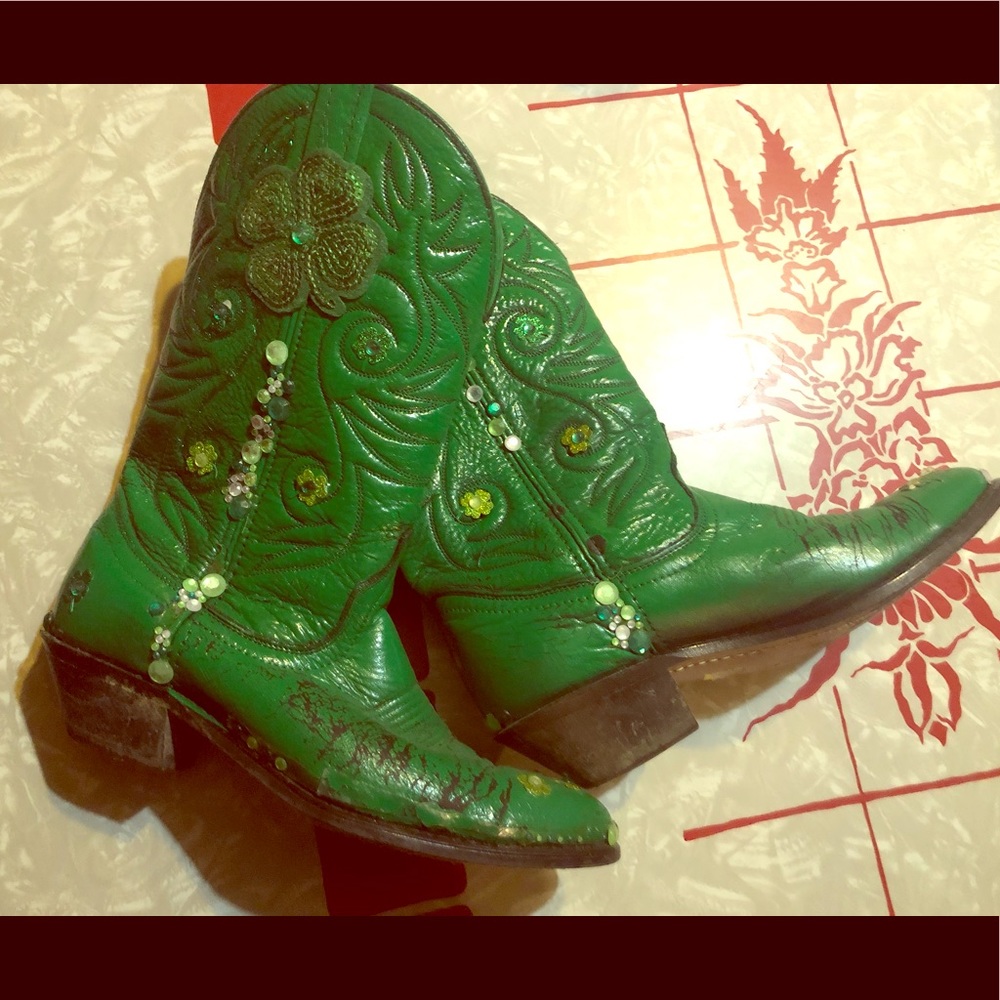 Green Embellished Women's Heeled Boots